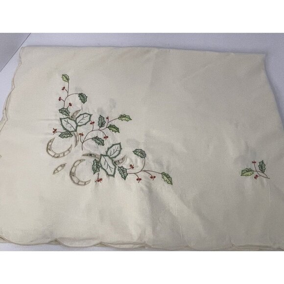 Embroidered Cotton Table Cloth 60" x 80" Holly Christmas Ivory 6 Napkins